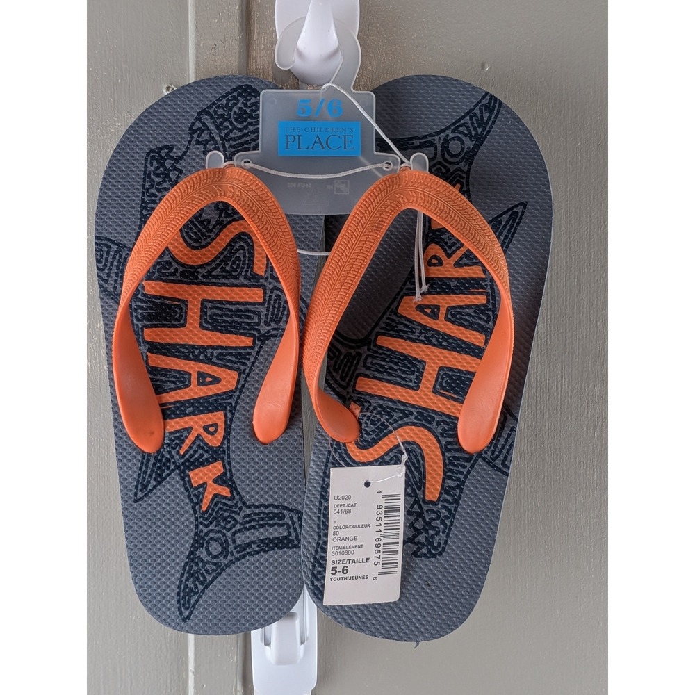 The Childrens Place Boys Shark Graphic Flip Flops Grey Orange Size 5-6 Youth